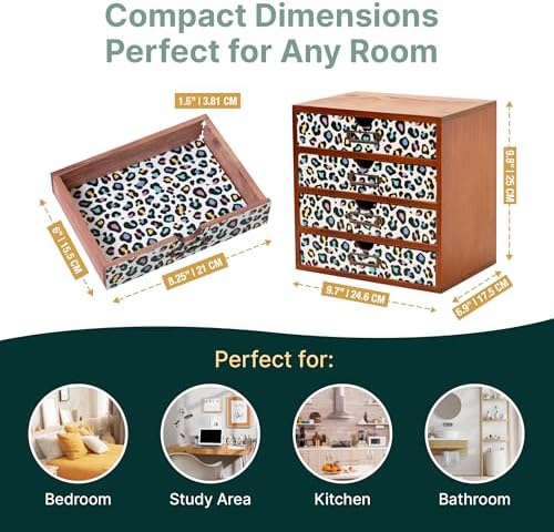 Colorful Leopard Print Wooden Desk Organizer - 4-Drawer Desktop Storage Cabinet for Office Supplies, Craft Tools & Home Organization - Trendy Wood Design for Crafters, Art Enthusiasts, Students
