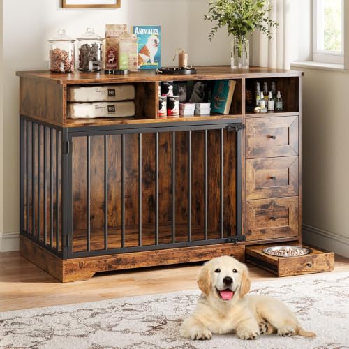 48'' Dog Crate Furniture with Bowl, Medium Dog Cage, Retro Brown