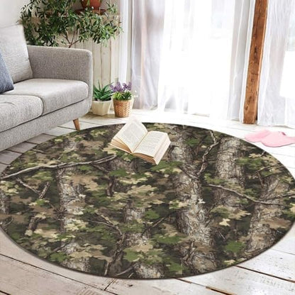 Large Machine Washable Circular Rugs, Home Decor Round Mat for Living Room Sofa Office Hunting Camo Tree Camouflage