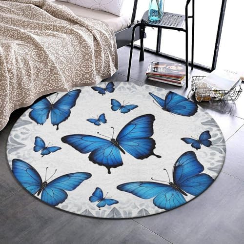 Large Machine Washable Circular Rugs, Home Decor Round Mat for Living Room Sofa Office Beautiful Blue Butterfly