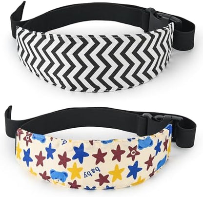 Luckyiren 2-Pack Baby Car Seat Head Support Strap Set, Minimalist Beige Stars and Stripes Pattern, Cotton, Machine Washable, 8.4x4x1.1 Inches