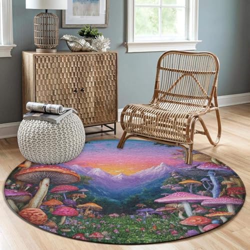 Machine Washable Modern Round Area Rug, Room Sofa Yoga Soft Round Carpet, Home Decor Non Slip Kitchen Office Circle Rug Trippy Mushrooms Art, 60inch