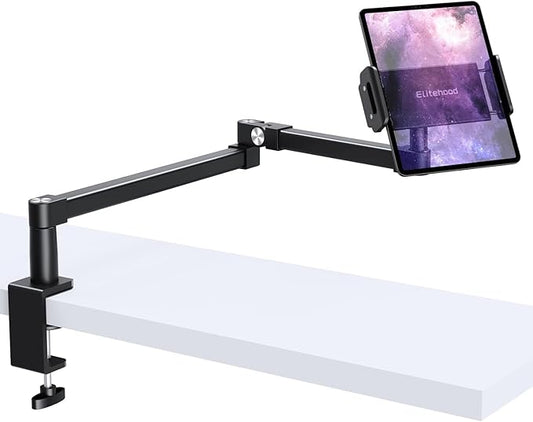 elitehood 28in Long Arm iPad Desk Mount, Heavy Duty Aluminum Tablet Arm Mount for Desk Bed Sofa, Compatible with iPad Pro 13/12.9 Air Mini, iPhone, Portable Monitor and 4.7-13in Tablets