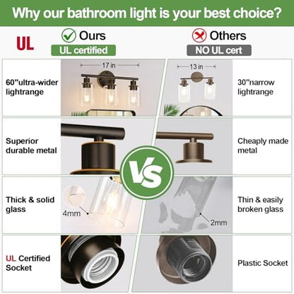 Zarbitta 3-Light Bathroom Light Fixtures, Brown and Gold Bathroom Wall Lights, Modern Vanity Light with Clear Glass Shade, Bathroom Wall Lamp for Mirror Hallway Cabinet