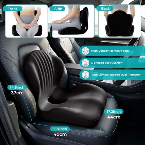 Memory Foam Seat Cushion with Lumbar Support Pillow for Truck Driver, Ergonomic L-Shaped Car Seat Cushion for Tailbone Pressure Relief, Non-Slip Chair Pad for Long Driving, Black