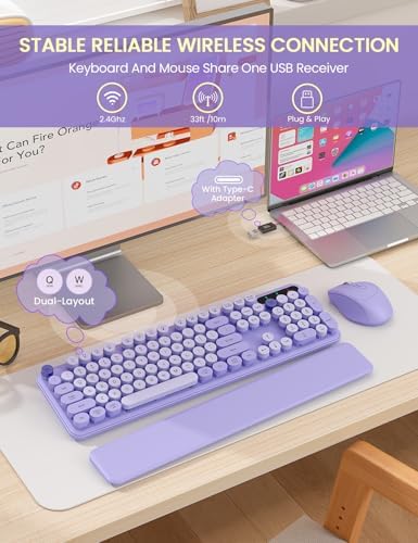 Wireless Keyboard and Mouse Combo, Cute Typewriter, Magnetic Wrist Rest
