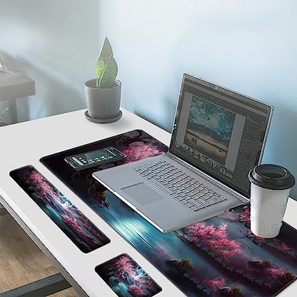 Large Gaming Mouse Pad+Memory Foam Ergonomic Keyboard Wrist Rest Support+Wrist Rest+Coaster, Extended Desk Pad Set, Stitched Edge Non Slip Desk Mat 4PC for Office & Home, Moon Cherry Blossom