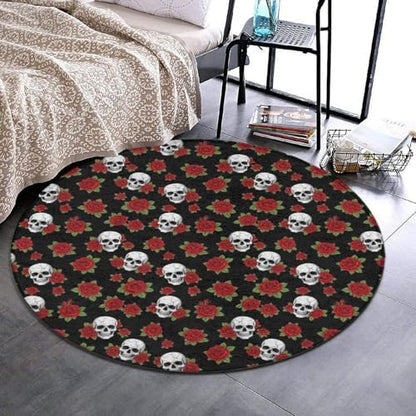 Large Home Decor Mat, Soft Round Yoga Carpet, Non Slip Machine Washable Kitchen Office Circle Rug Halloween Skulls Red Rose, 24inch