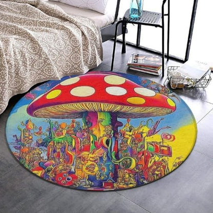 Machine Washable Modern Round Area Rug, Room Sofa Yoga Soft Round Carpet, Home Decor Non Slip Kitchen Office Circle Rug Trippy Mushroom Magic Art, 60inch