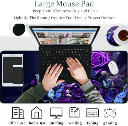 Mouse Pad Combo, Large Gaming Mouse Pad + Keyboard Wrist Support + Mouse Wrist Rest + Coaster, Table Pad 31.5 "x 11.8" with Memory Foam Ergonomic Wrist Pad Set, Purple Roses and Butterflies