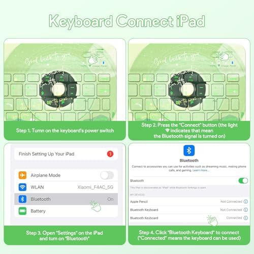 YBING Keyboard Case for iPad 10th Gen 10.9 inch (2022) & 11th Gen (A16, 2025), Bluetooth Wireless Detachable Keyboard with Green Music Painted Patterns, 360 Rotatable Magnetic Case with Pencil Holder