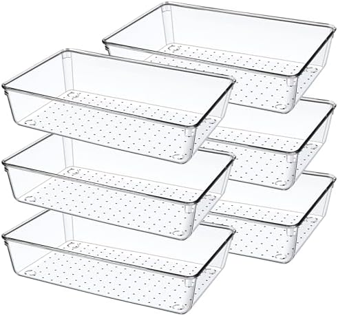 6 Pack Drawer Organizers, Plastic Clear Acrylic Non Slip Non Cracking kitchen drawer organizer Stackable Bathroom Drawer Organizer Trays, Storage Bins for Makeup, Bathroom, Kitchen Office