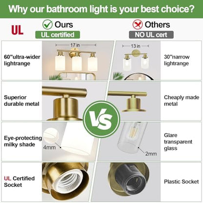 Zarbitta 3-Light Bathroom Light Fixtures, Brushed Gold Vanity Light, Farmhouse Wall Lights with Milky White Frosted Glass Shades, Bathroom Wall Lamp for Mirror Kitchen Bedroom Hallway Living Room