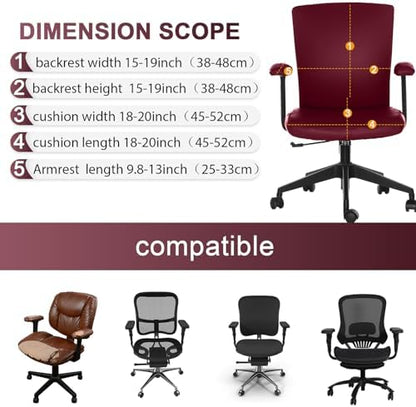 Tallew 4 Pcs Office Chair Covers PU Leather Office Desk Accessories Universal Computer Chairs Cover Stretchable Protective Chair Seat Covers Desk Armrest Cover Slipcovers Rotating Backrest(Burgundy)