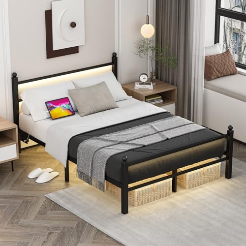 Full Size Bed Frame with Charging Station & LED Lights, Metal Platform Bed Frame with Headboard and Footboard, Storage Space Under Bed, No Box Spring Needed, Noise Free, Easy Assembly, Black