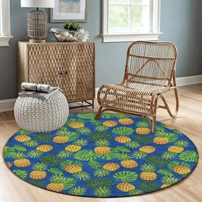 Fashion Round Area Rug Large Non Slip Carpet Unisex Home Decor Mat Tropical Banana Palm Leaves Pineapples, 24inch