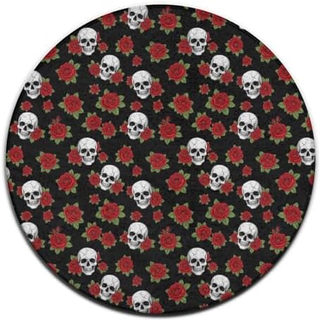 Large Home Decor Mat, Soft Round Yoga Carpet, Non Slip Machine Washable Kitchen Office Circle Rug Halloween Skulls Red Rose, 24inch