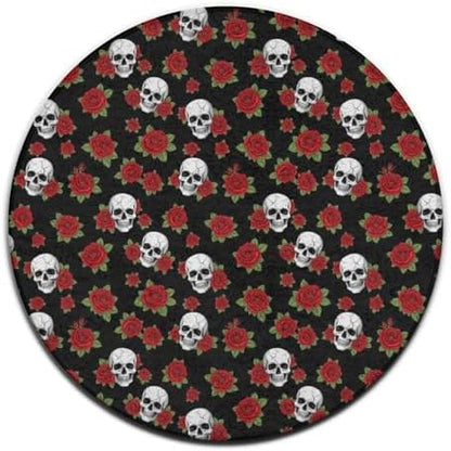 Large Home Decor Mat, Soft Round Yoga Carpet, Non Slip Machine Washable Kitchen Office Circle Rug Halloween Skulls Red Rose, 24inch