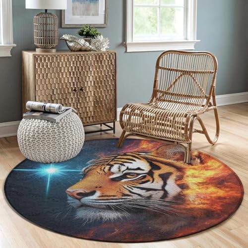 Large Round Area Rug Home Decor Modern Bathroom Rug Kitchen Office Circle Rug for Living Room Sofa Circle Cute Mat Space Fire Flame Animal King Wild Angry Tiger, 60inch