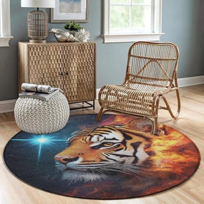 Large Round Area Rug Home Decor Modern Bathroom Rug Kitchen Office Circle Rug for Living Room Sofa Circle Cute Mat Space Fire Flame Animal King Wild Angry Tiger, 60inch