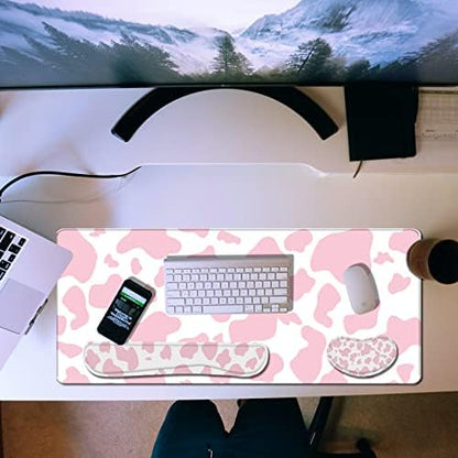 3Pcs Large Gaming Mouse Pad Desk Mat,Keyboard Mouse Wrist Rest Support Set,Extended Laptop Mouse Pad Memory Foam Non-Slip Base for Gamer Home Office(31.5x15.7in)-Pink Cow Pattern