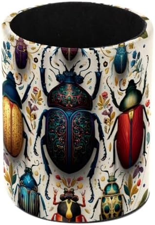 Leather Pen Holder for Desk, Circular Beetle Pencil Cup Pen Organizer Makeup Brush Holder for Office Home Kids Countertop Desk Accessory Storage