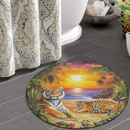 Machine Washable Modern Round Area Rug, Room Sofa Yoga Soft Round Carpet, Home Decor Non Slip Kitchen Office Circle Rug Tropical Tiger Animal World King Art, 36inch