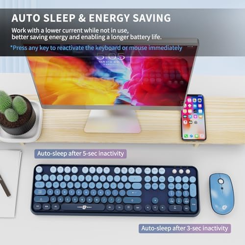 FOPETT Wireless Keyboard and Mouse Combo - 2.4G Full-Sized Cute Colorful Mouse and Keyboard with 104 Round Keys Retro Typewriter Keyboard for Laptop/Windows/PC - Blue Gradient