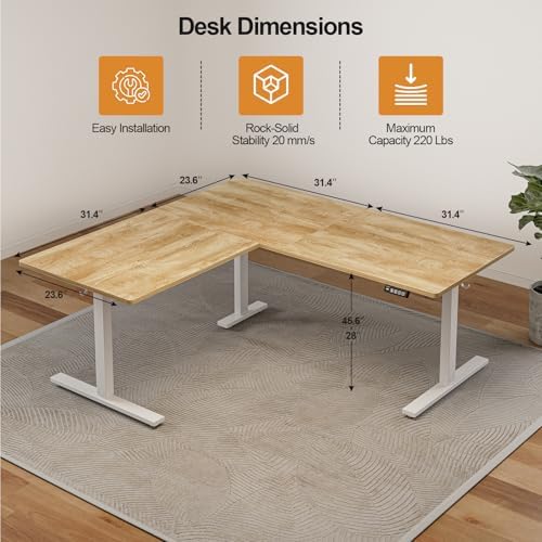 Grandder 63 x 55 Inch L Shaped Standing Desk, Electric Height Adjustable Corner Stand Up Desk, Sit Stand Corner Table Home Office Table, Oak Top White Frame