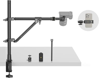 SMALLRIG Triangle Camera Desk Mount, Max. Load 3kg/ 6.6lbs, Overhead Mount with Auxiliary Support Rod, with Phone Holder and Small Ball Head for Camera/Phone/Light/Webcam