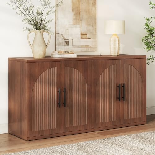 63" Fluted Buffet Cabinet, Walnut Credenza with Adjustable Shelf
