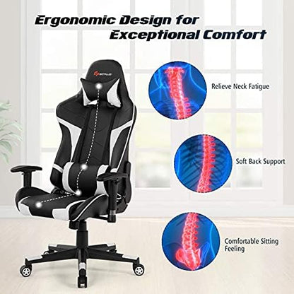 Massage Gaming Chair, High Back Office Computer Chair with Headrest and Lumbar Support, Racing Style Reclining Swiveling Game Chair for Home Office (White)