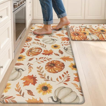 HEBE Fall Kitchen Rugs Set of 2,Anti Fatigue Pumpkin Kitchen Mats for Floor