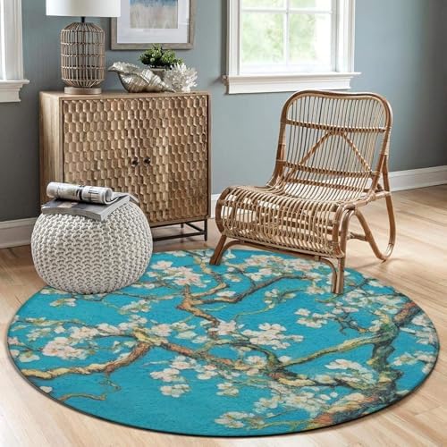 Room Sofa Yoga Soft Round Carpet, Home Decor Non Slip Kitchen Office Circle Rug, Machine Washable Modern Round Area Rug Beautiful Apricot Flower Blossom Art, 36inch