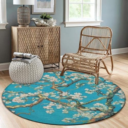 Room Sofa Yoga Soft Round Carpet, Home Decor Non Slip Kitchen Office Circle Rug, Machine Washable Modern Round Area Rug Beautiful Apricot Flower Blossom Art, 36inch