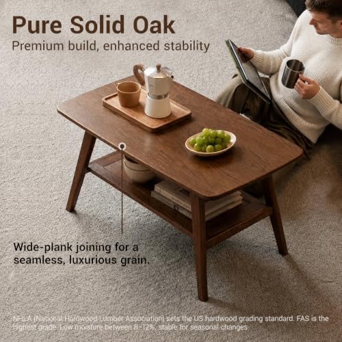100% Solid Oak Coffee Table with Storage Shelf, 31.49" W