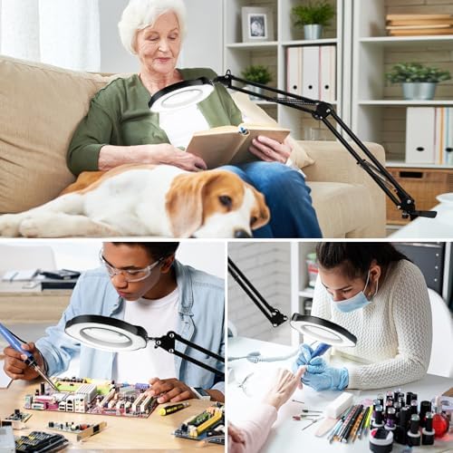 15X Magnifying Glass with Light and Clamp, Lighted Magnifying Glass Desk Lamp LED Magnifier Lamp with Light and Clamp 5 Color Mode 10 Brightness Dimmable Magnifier Lamp for Reading Close Work Craft