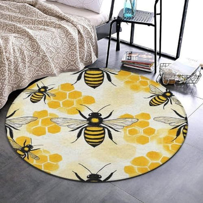 Large Machine Washable Circular Rugs, Home Decor Round Mat for Living Room Sofa Office Yellow Bee