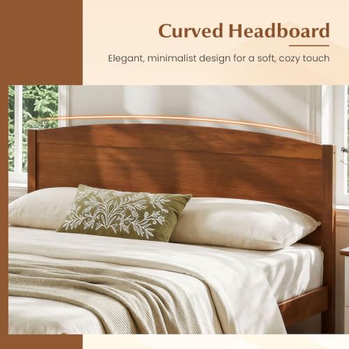 Full Size Wooden Bed Frame with Curved Headboard, Wood Slat Support