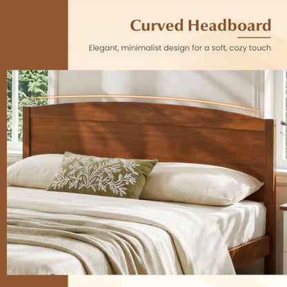 Full Size Wooden Bed Frame with Curved Headboard, Wood Slat Support