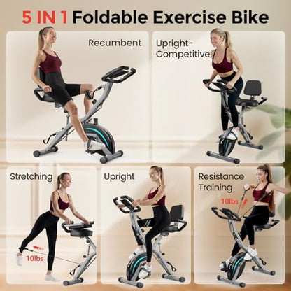 PLENY Folding Exercise Bike, 5 IN 1 Indoor Stationary Bikes for Home