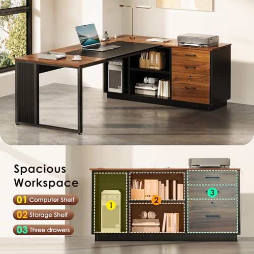 71 Inch L Shaped Executive Desk with Storage, Walnut+ Black
