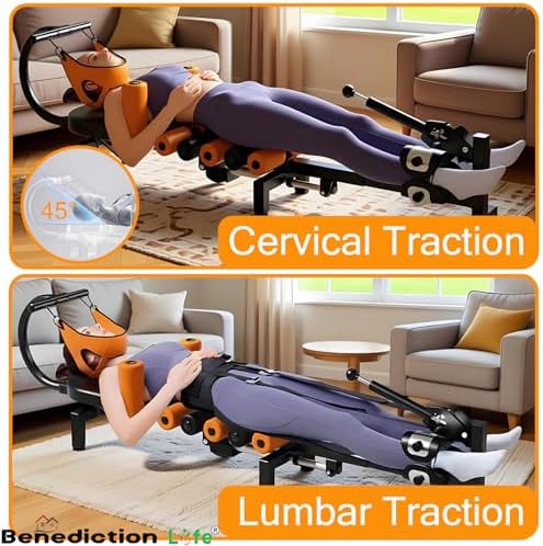Electric Decompression Table for Neck & Back, No-Hang Inversion Traction Machine for Back Pain Relief, Adjustable Stretch Table, 440 LB Capacity, Spinal & Lumbar Traction Decompression Device (Orange)