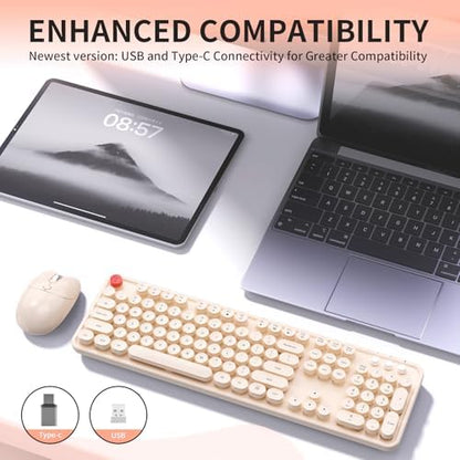 Wireless Keyboard Mouse, MOFII 104 Keys Cute Retro Typewriter Coffee