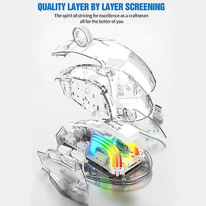 HXMJ-Wireless Gaming Mice with Transparent Crystal Shell,Tri-Modes (USB Wired+2.4G Wireless+Bluetooth),Silent Click,RGB Backlit-White