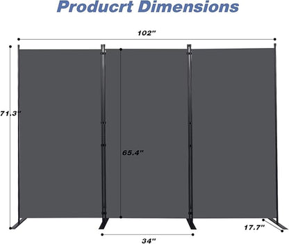 CHOSENM Room Divider, 3 Panel Folding Privacy Screens with Wider Support Feet, 6 Ft Portable Room Partition for Room Separator, 102" W X 71" H, Grey
