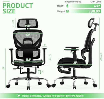 Synorla Ergonomic Office Chair with Footrest, Mesh Desk Chair with 135° Recline, Adjustable Lumbar Support, 3D Armrests and Headrest, Swivel Computer Chair for Home Office
