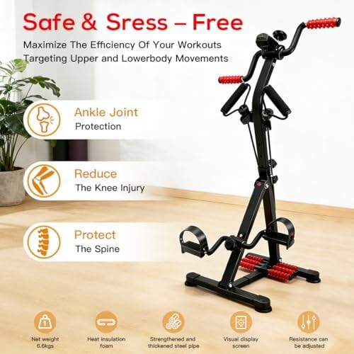 3-in-1 Pedal Exerciser with Resistance Bands, Under Desk Bike for Seniors Arm & Leg Workout, Adjustable Tension Floor Cycle with Massage Rollers, Seated Mobility Equipment