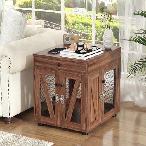 Wooden Dog Crate End Table with USB Charging Station, Walnut