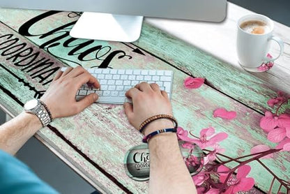 Large Gaming Mouse Pad + Wrist Rest + Coffee Coaster, Extended Waterproof Desk Mat with Stitched Edge 31.5"x11.8", Non-Slip Keyboard Desk Mat Pad for Office & Home, Quote Chaos Coordinator